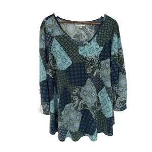 Stem & Vine Patchwork paisley Blouse Blue Green Lace trim cottage country 3x
